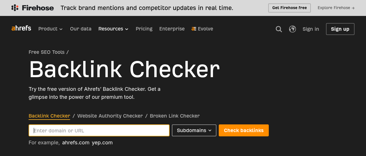 Ahrefs free Backlink Checker tool page with domain input and Check backlinks button