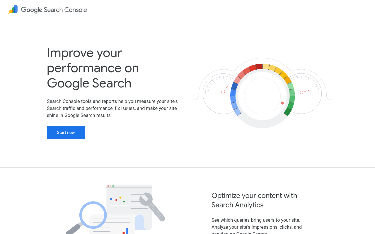 Google Search Console landing page with the Start now button