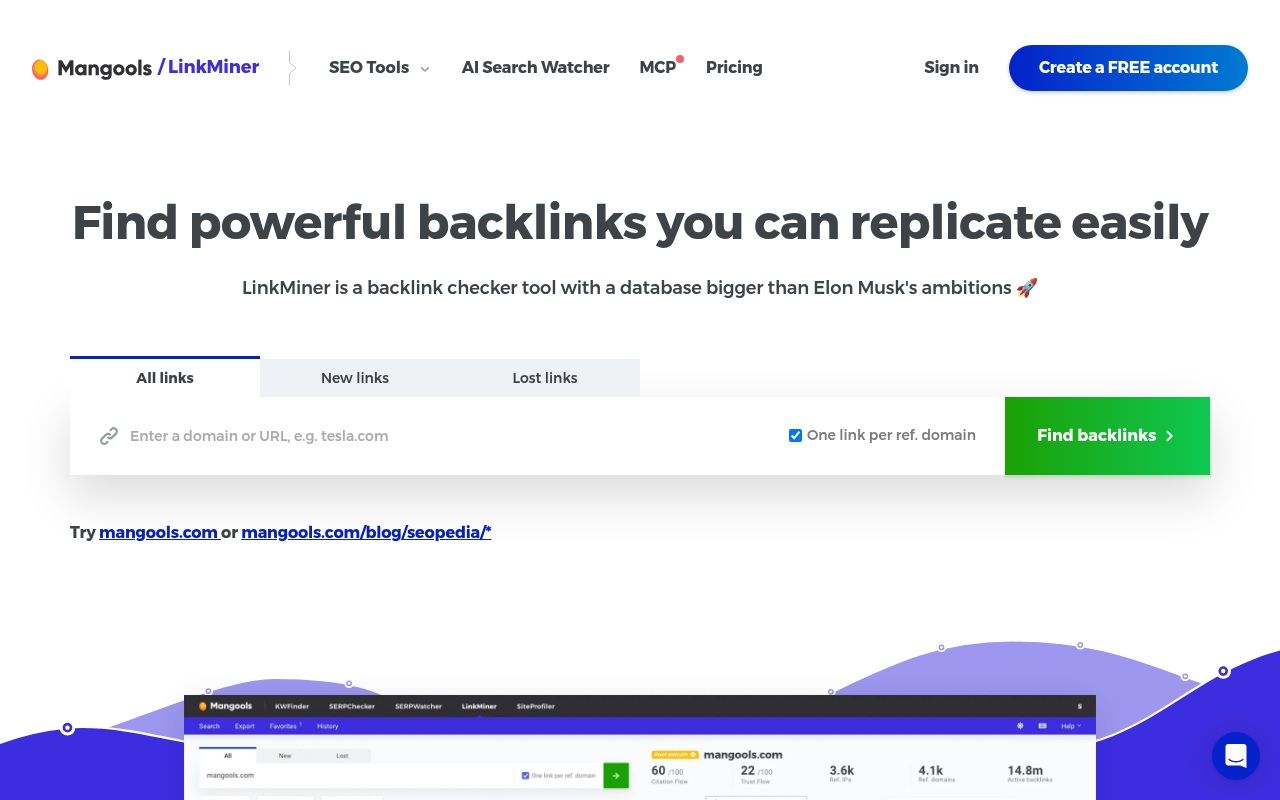 Mangools LinkMiner backlink checker page with All, New and Lost links tabs