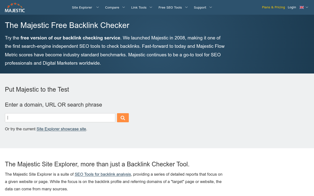 Majestic free backlink checker page with a domain search box