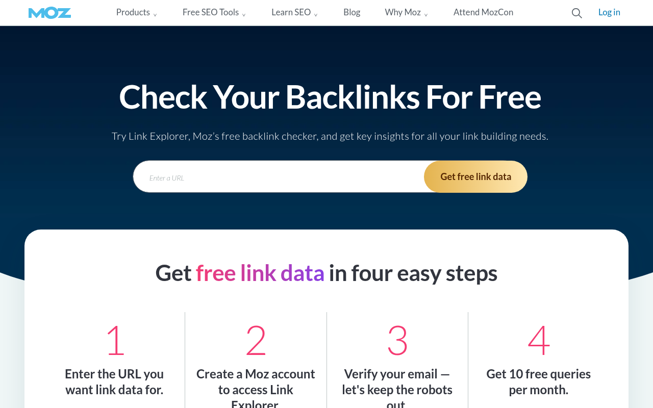 Moz Link Explorer free backlink checker page listing the four steps to get free link data