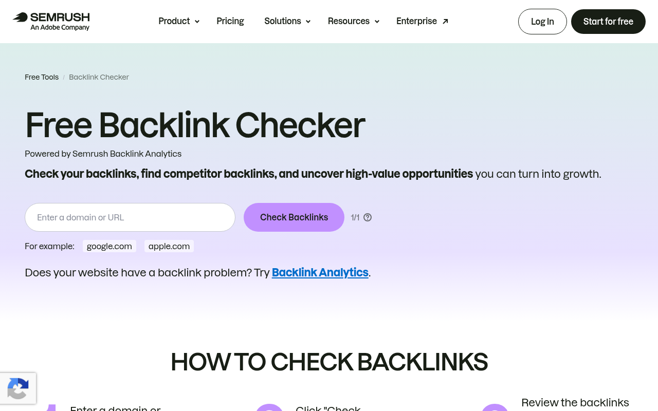 Semrush free Backlink Checker page showing the 1/1 free check counter