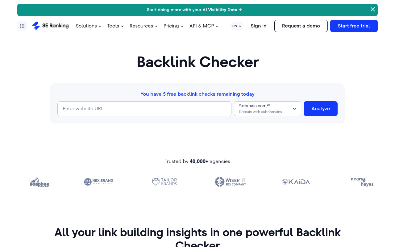 SE Ranking Backlink Checker page stating five free backlink checks remaining today