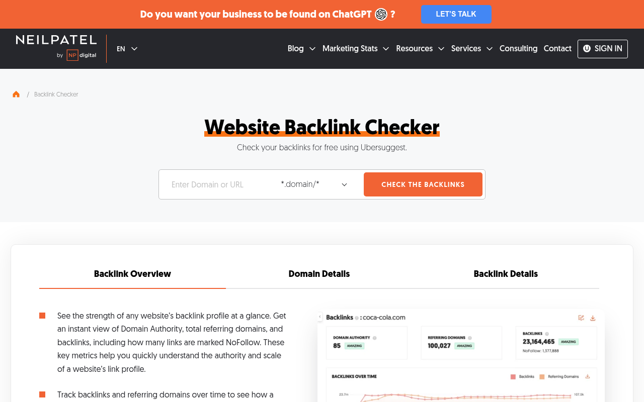 Ubersuggest Website Backlink Checker page by Neil Patel with domain input