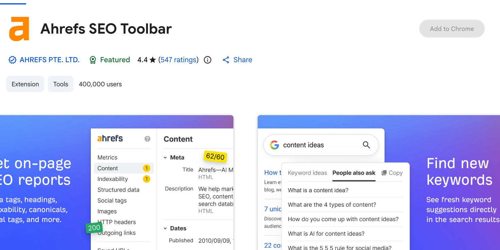 Ahrefs SEO Toolbar listing on the Chrome Web Store showing a 4.4 rating and 400,000 users