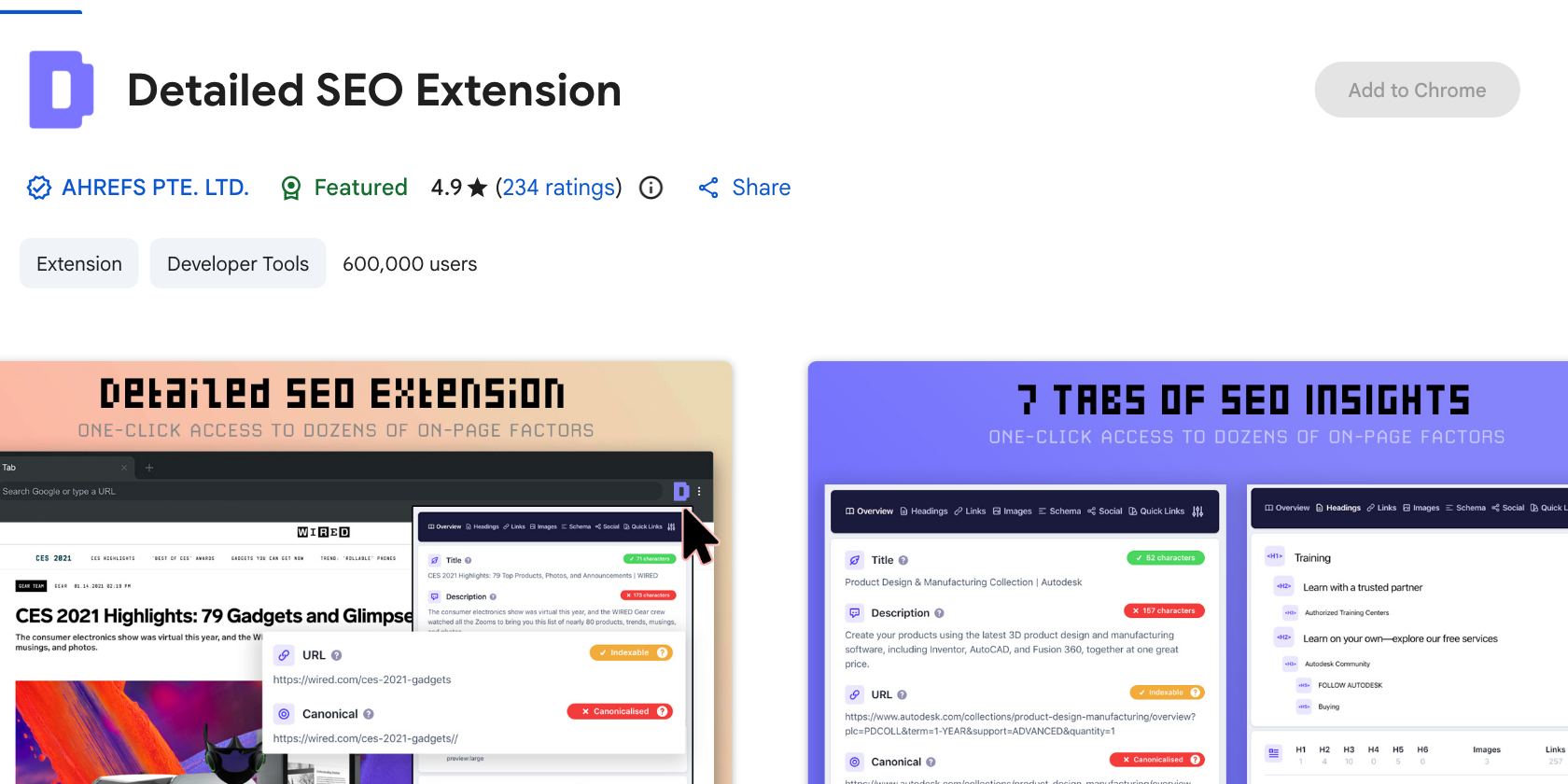 Detailed SEO Extension listing on the Chrome Web Store showing its 4.9 rating and 600,000 users