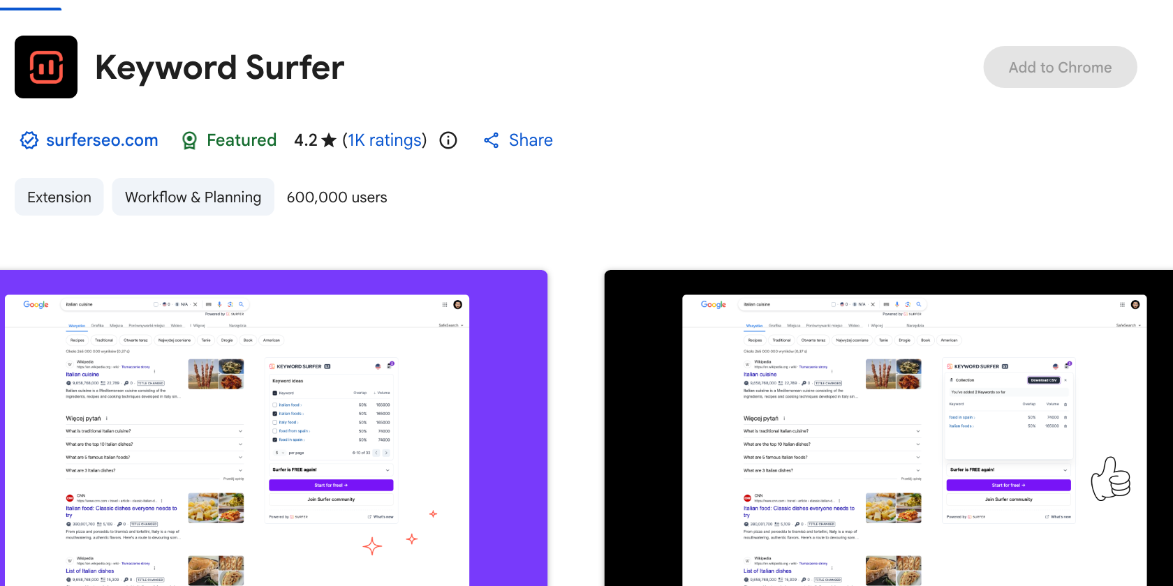Keyword Surfer listing on the Chrome Web Store showing a 4.2 rating and 600,000 users