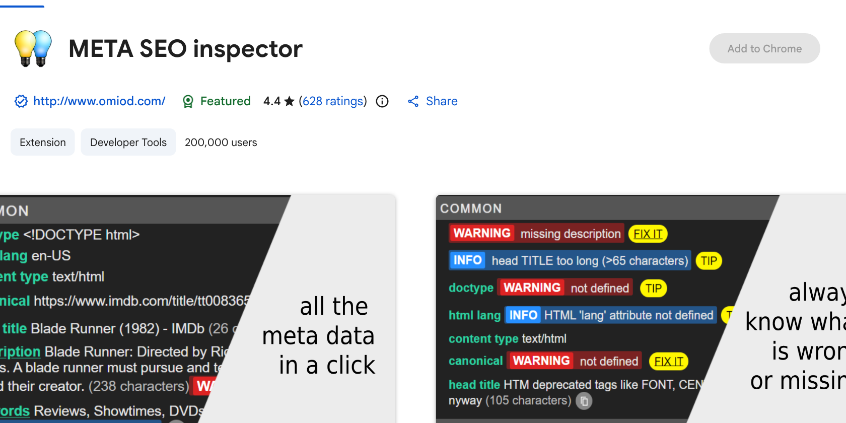 META SEO inspector listing on the Chrome Web Store showing a 4.4 rating and 200,000 users