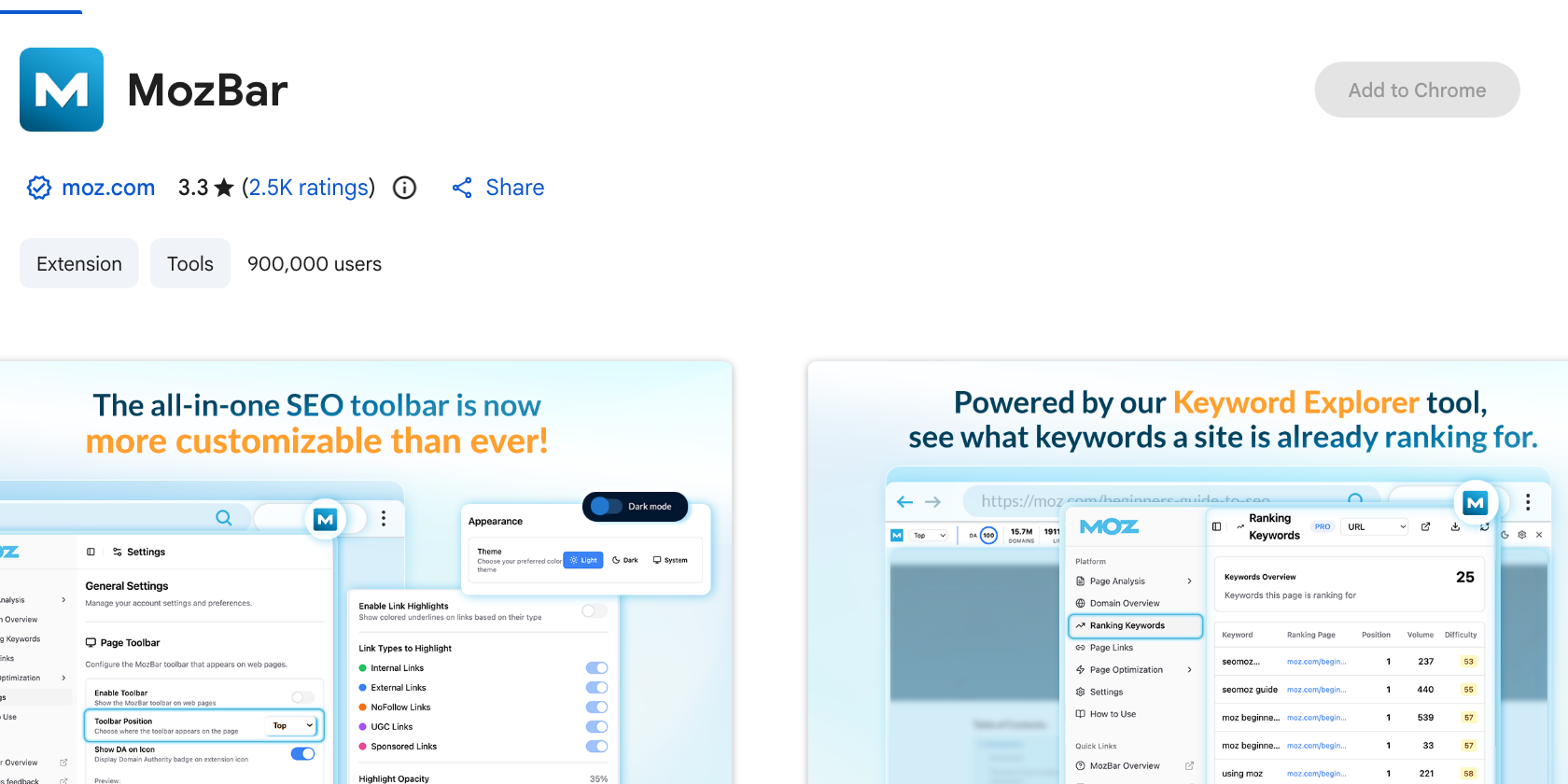 MozBar listing on the Chrome Web Store showing a 3.3 rating and 900,000 users