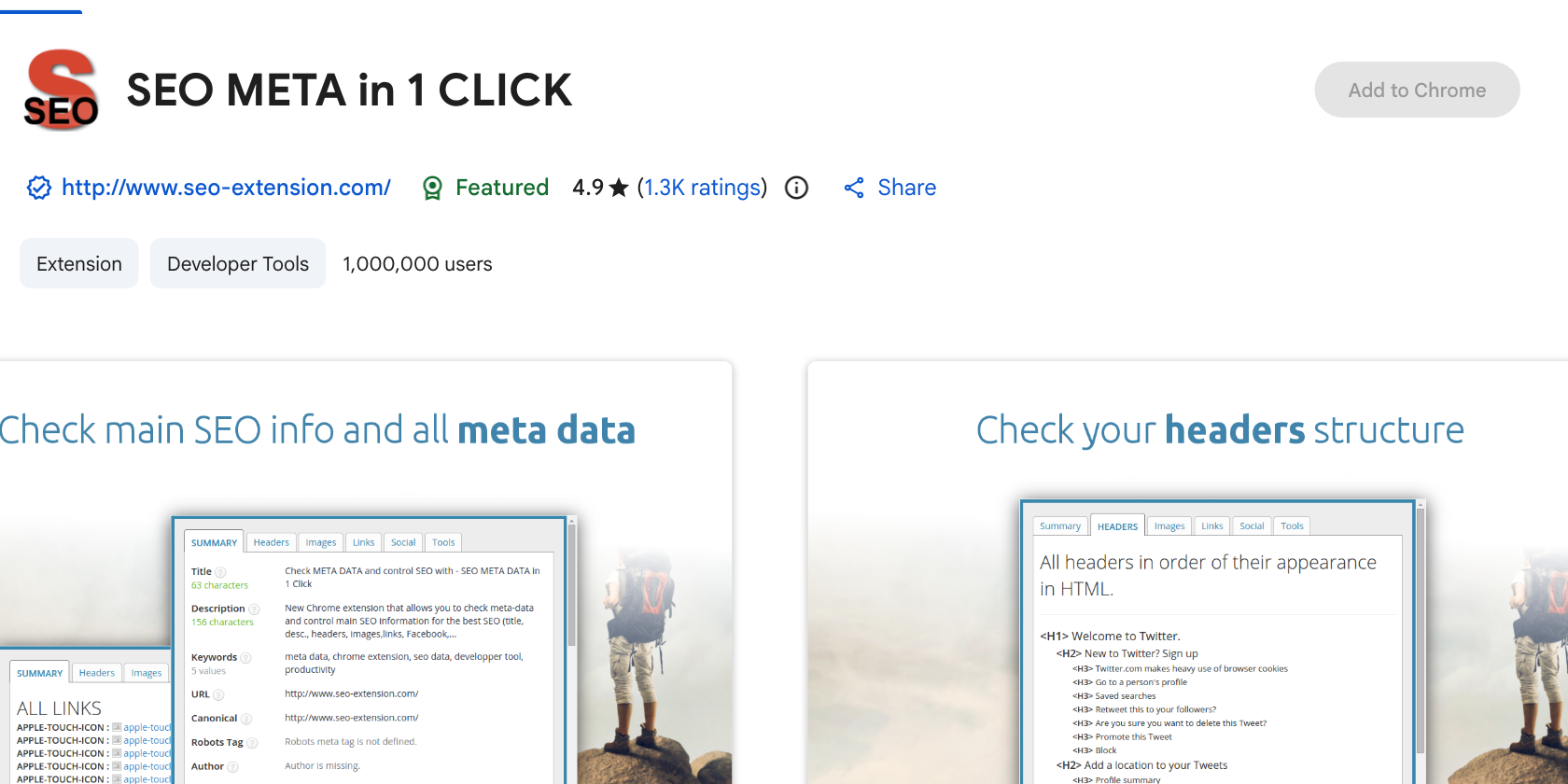 SEO META in 1 CLICK listing on the Chrome Web Store with a 4.9 rating and one million users