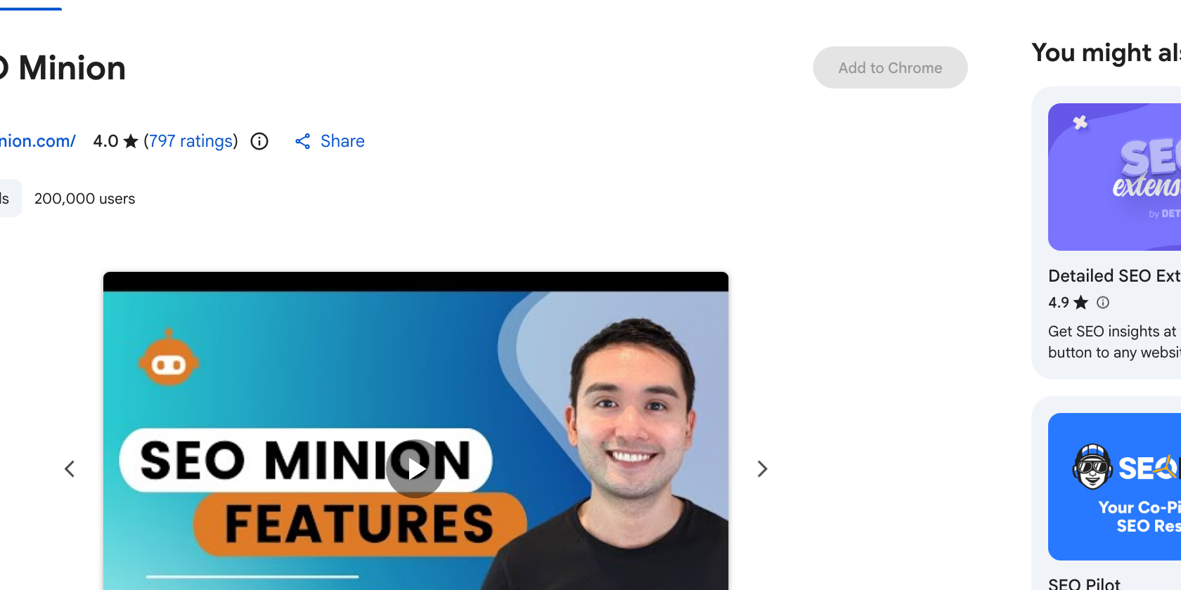 SEO Minion listing on the Chrome Web Store showing a 4.0 rating and 200,000 users