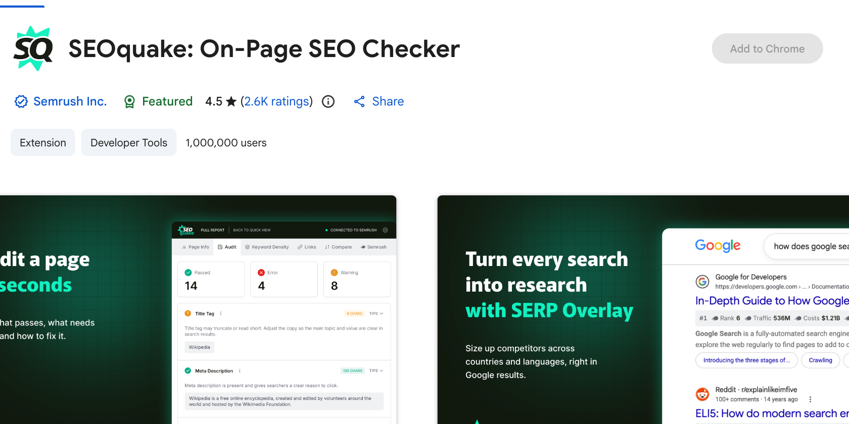 SEOquake On-Page SEO Checker listing on the Chrome Web Store from Semrush with a 4.5 rating