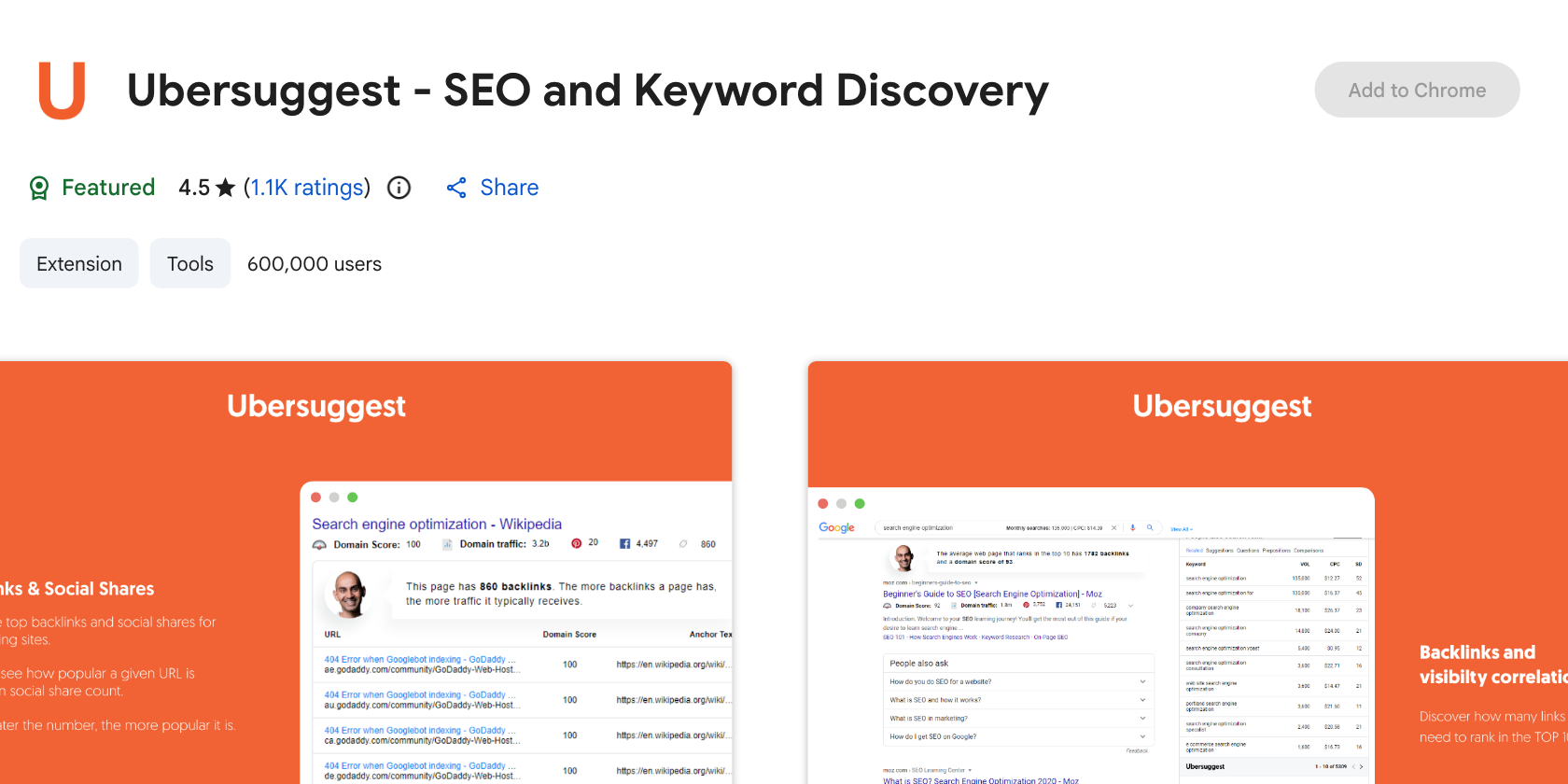 Ubersuggest SEO and Keyword Discovery listing on the Chrome Web Store with a 4.5 rating