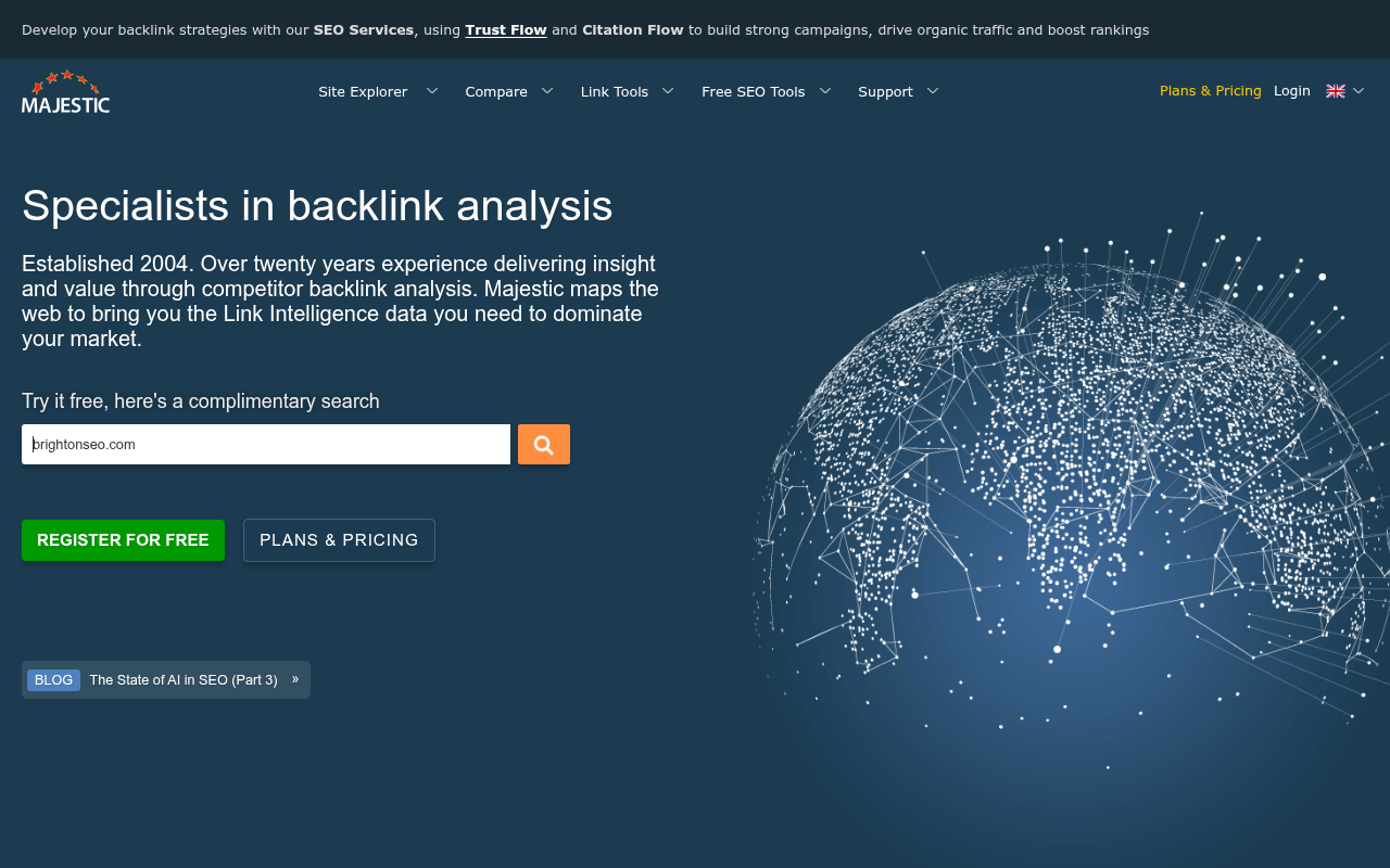 Majestic homepage offering a complimentary backlink search with Trust Flow and Citation Flow