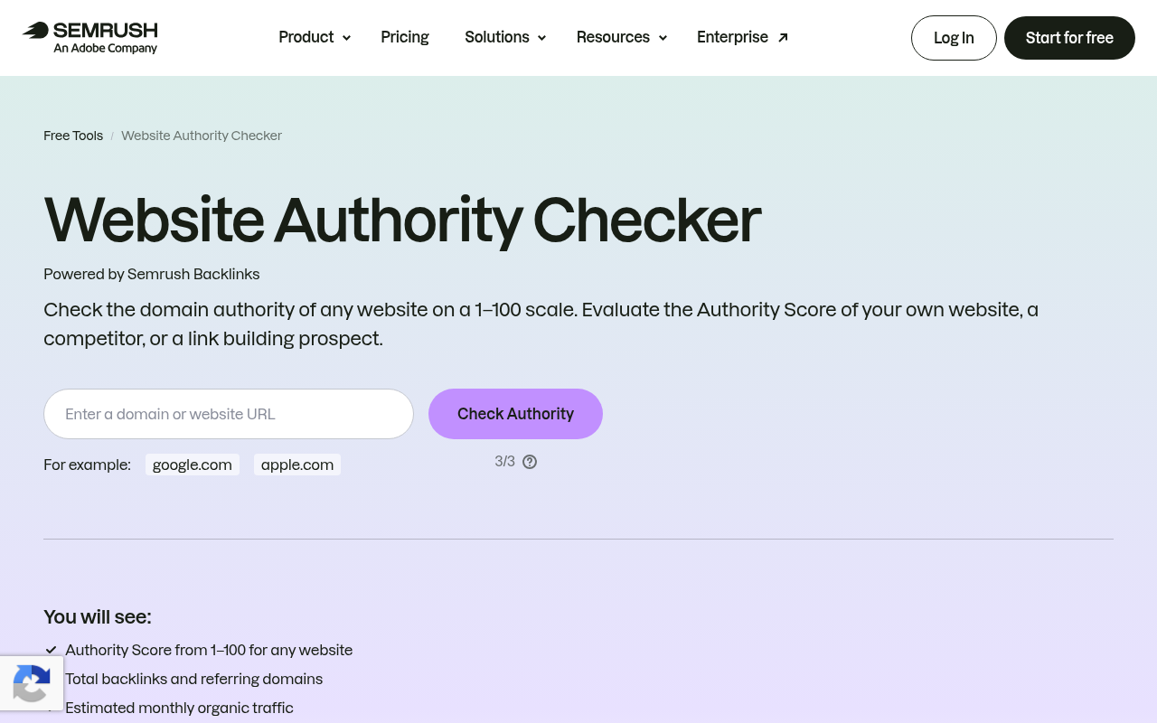 Semrush Website Authority Checker free tool showing Authority Score lookup and remaining free checks
