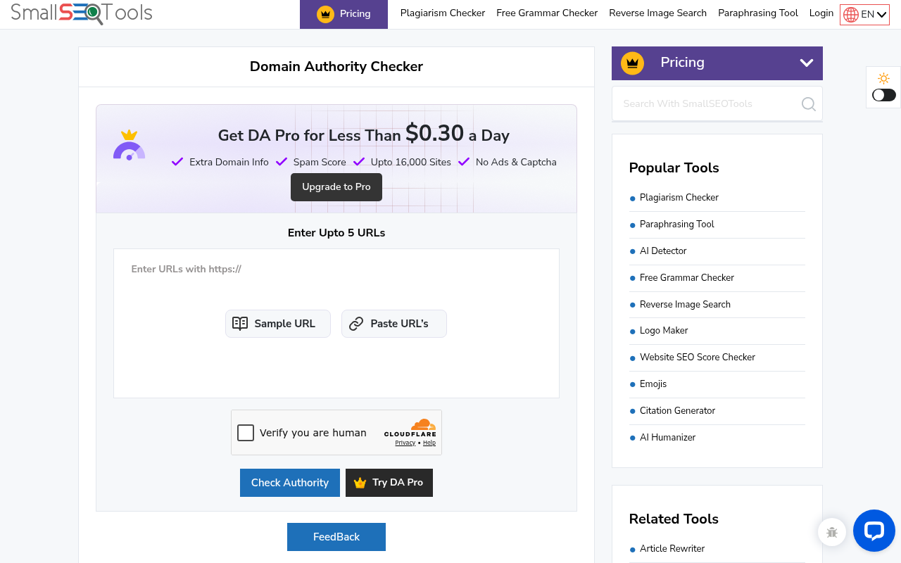 SmallSEOTools bulk Domain Authority Checker accepting up to five URLs with a human verification step