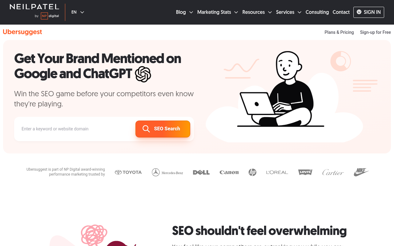 Ubersuggest by Neil Patel free SEO tool search box for domain and keyword lookups