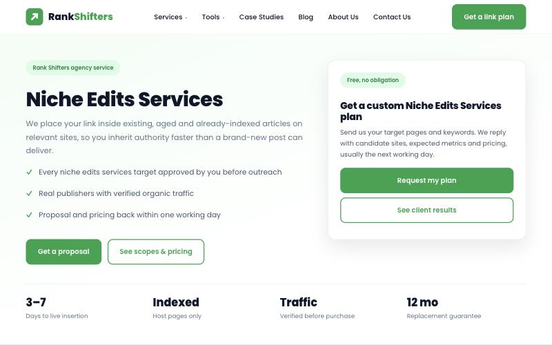 Rank Shifters niche edits service page