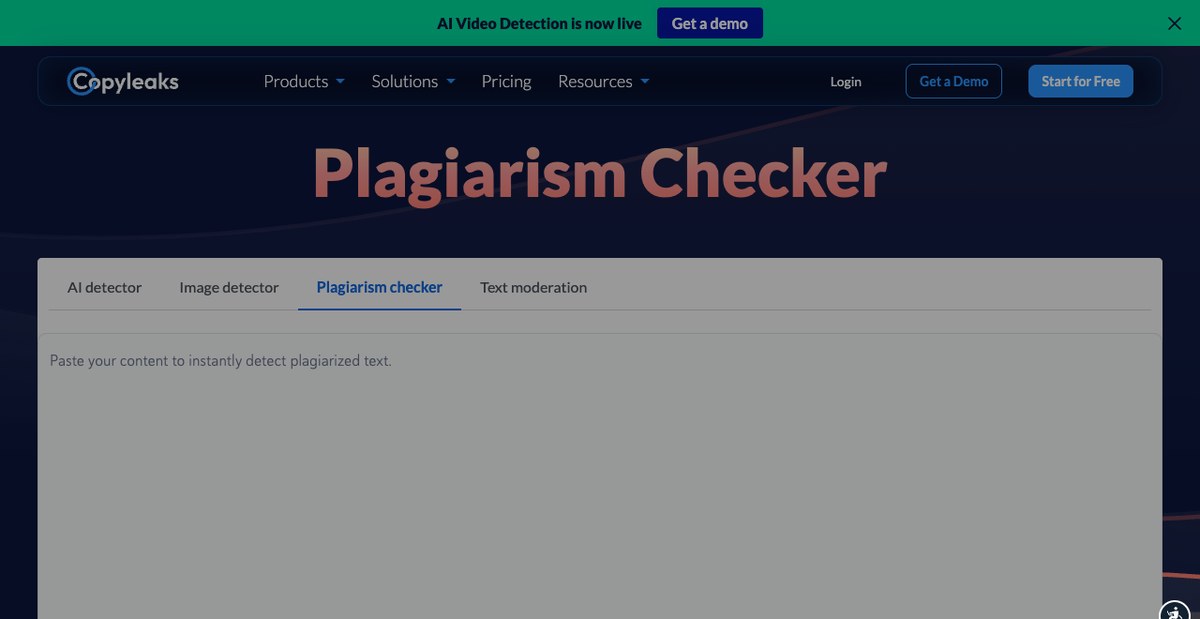 Copyleaks Plagiarism Checker page with its dark text box
