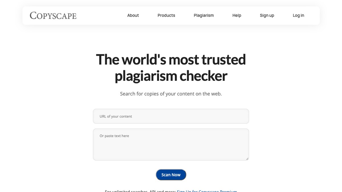 Copyscape homepage with the URL search box and Scan Now button