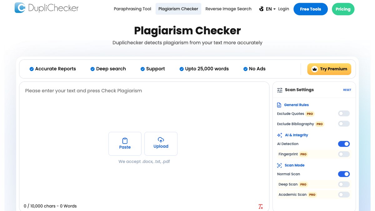 Duplichecker Plagiarism Checker page with the paste box showing a 10,000 character limit