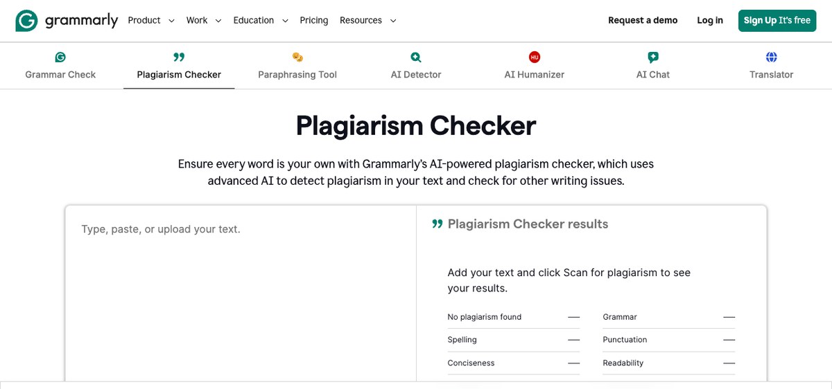 Grammarly Plagiarism Checker page with the text box and a Scan for plagiarism button