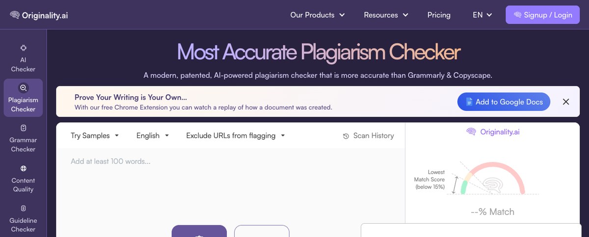 Originality.ai plagiarism checker page with the paste box and a match gauge