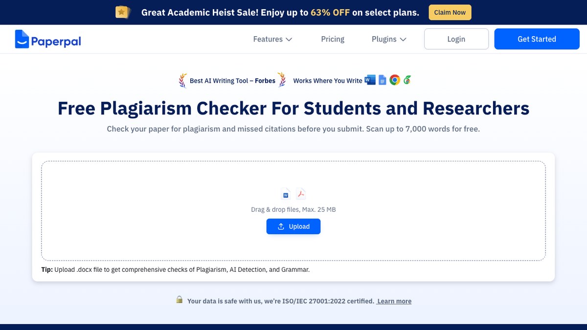 Paperpal Free Plagiarism Checker page with the upload box