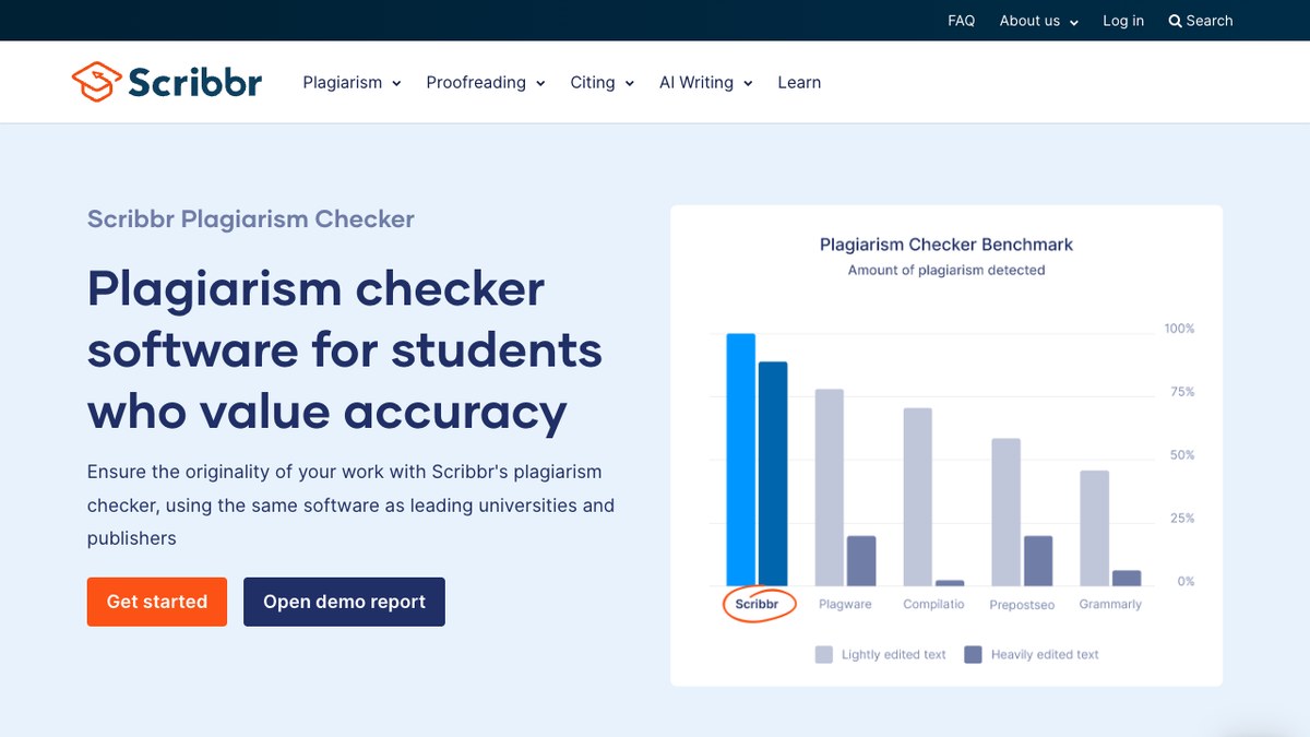 Scribbr Plagiarism Checker page with the benchmark chart and Get started button