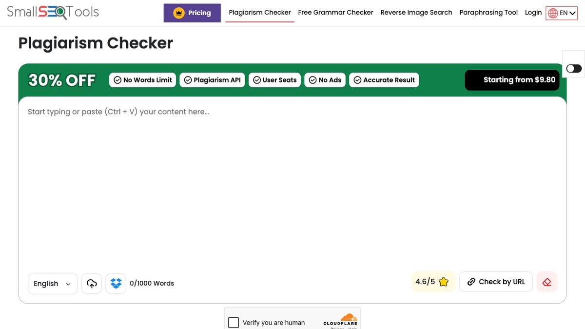 Small SEO Tools plagiarism checker page with the text box and Check Plagiarism button